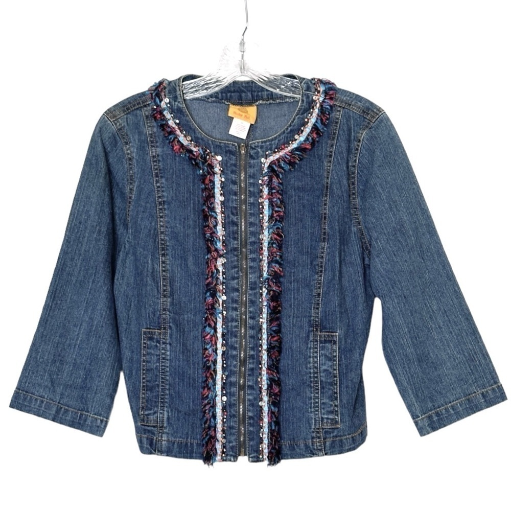 Ruby Rd Jean Jacket Size 6 Blue Full Zip Boho Festival Fringe Sequin Bead Fiesta